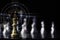 Golden king chess stand in front of others chess pieces. Leadership business teamwork and marketing strategy planing concept