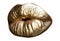 Golden kiss. Womans golden lips, close up isolated white background. Isolated gold mouth. Shine metalized lip.