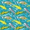 Golden koi carp collection swimming in pond with waves, seamless pattern design on turquoise