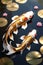 Golden koi fish with shimmering golden scales, reflection beautifully mirrored, symbol of wealth, prosperity, abundance, wallart