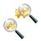 Golden korean won currency sign with magnifying glass.