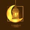 Golden lantern lamp with glowing gold crescent for ramadan mubarak and kareem and islamic event