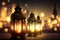 Golden lanterns and city bokeh light background, Ramdan Kareem Generative AI