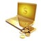Golden laptop with a dollar sign on the screen and money falling out of the disc drive