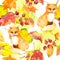 Golden leaves, fox animal. Seamless autumn pattern. Watercolor