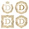 Golden letter D vintage monograms set. Heraldic coats of arms, round and square frames
