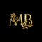 Golden Letter M and B, MB luxury Initial logo icon, gold vintage design template with tropical nature leaves ornament