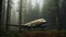 Golden Light: A Hyperrealistic Portraiture Of A Large Plane In A Foggy Forest