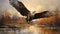 Golden Light: Majestic Bald Eagle Soaring Near A Stream