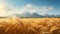 Golden Light: A Photorealistic Rendering Of A Sunlit Wheat Field And Majestic Mountains
