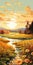 Golden Light: Pixelated Landscapes Of Southern Countryside With Flowing Stream And Flowers