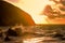 Golden light reflects on the water as waves break over rocky coastal area of the UK at sunset in Devon