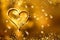 Golden lights in the shape of hearts in the defocus on a dark background. Celebrating Valentine`s Day,gold blurred background with