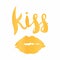 Golden lips, kiss. Lettering text kiss.