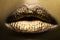 Golden lips makeup. Make up lip ideas. Colorful bright lipstick gold art concept.