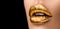 Golden lipstick closeup. Metal gold lips. Beautiful makeup. Sexy lips, bright paint on beautiful model girl`s mouth, close-up