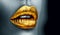 Golden lipstick closeup. Metal gold lips. Beautiful makeup. Sexy lips, bright paint on beautiful model girl`s mouth, close-up