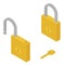 Golden locked unlocked padlock and key isometric view isolated on white background.