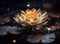 A golden lotus gracefully poised against a backdrop of darkness, its luminous petals contrasting against the obsidian