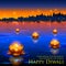 Golden lotus shaped diya floating on river in Diwali background