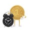 Golden Loyalty Program Bonus Coin Person Character Mascot with Alarm Clock. 3d Rendering