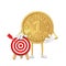 Golden Loyalty Program Bonus Coin Person Character Mascot with Archery Target and Dart in Center. 3d Rendering