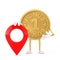 Golden Loyalty Program Bonus Coin Person Character Mascot with Red Map Pointer Target Pin. 3d Rendering