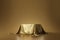 Golden luxurious fabric placed on top pedestal or blank podium shelf on gold background with luxury concept. 3D rendering