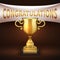 Golden luxury trophy cup with white textile banner and congratulations text vector illustration