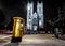 A golden mailbox with Westminster Abbey on the background, London