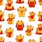 Golden Maneki neko seamless pattern.Japanese cats of luck and wealth for printing on paper and fabric. Vector cartoon