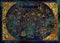 Golden map of fantasy world with dragon, pirate ship, mermaid, elf, goblin on blue