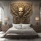 Golden mask on the bed in the bedroom. 3d rendering.
