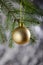 Golden matte Christmas ball on a green spruce branch