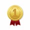 Golden medal of 1st place. Vector prize icon with red ribbon for winner. Gold trophy badge for award on isolated background.