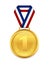 Golden medal with 1st place for winner. Award medallion with red ribbon. Trophy gold prize on isolated background. Chempionship of