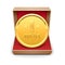 Golden medal in red gift box.