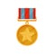 Golden medal in round shape with star in center and red-blue ribbon. Shiny award for courage. Flat vector icon