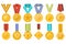 Golden medals collection with ribbons set