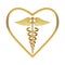 Golden Medical Caduceus Symbol in Shape of Heart. 3d Rendering