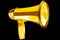 Golden megaphone black background isolated closeup, gold metal loudspeaker, loudhailer, speaking trumpet, bullhorn, announcement