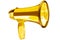 Golden megaphone white background isolated closeup, gold metal loudspeaker, loudhailer, speaking trumpet, bullhorn, announcement