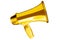 Golden megaphone white background isolated closeup, gold metal loudspeaker, loudhailer, speaking trumpet, bullhorn, announcement