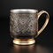 Golden Metal Carved Mug With Silver Pattern - Hyper-realistic 3d Zbrush Design