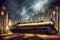 The Golden Metal Fantastic Locomotive Awaits at a Fantastical Station. AI generated