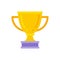 Golden metallic award cup with handles on pedestal for champion achievement celebration vector flat