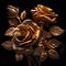 Golden metallic roses, a bouquet of roses covered with gold close up on a black background, for printing, postcards