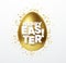 Golden metallic shiny Eastr Egg and typography Happy Easter. 3D realistic lettering for the design of flyers, brochures