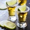 Golden mexican tequila shot with green lime and salt