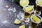 Golden mexican tequila shot with green lime and salt